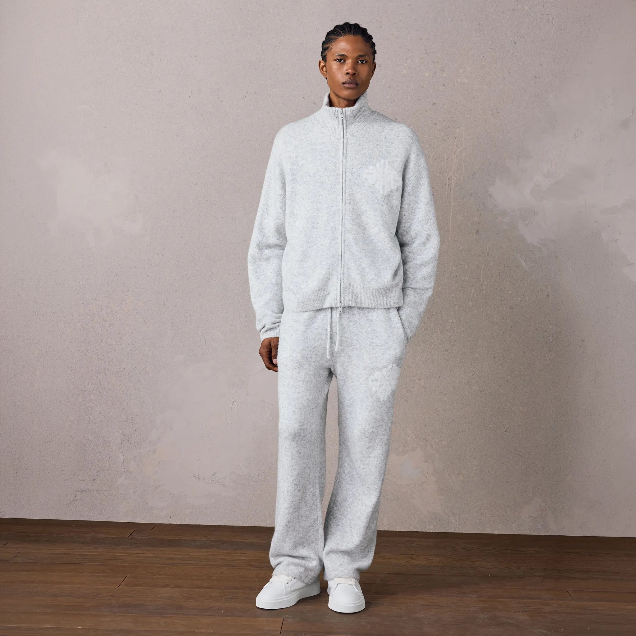 Model View of The Couture Club Emblem Fluff Knit Grey Marl Sweatpants TCCM3373